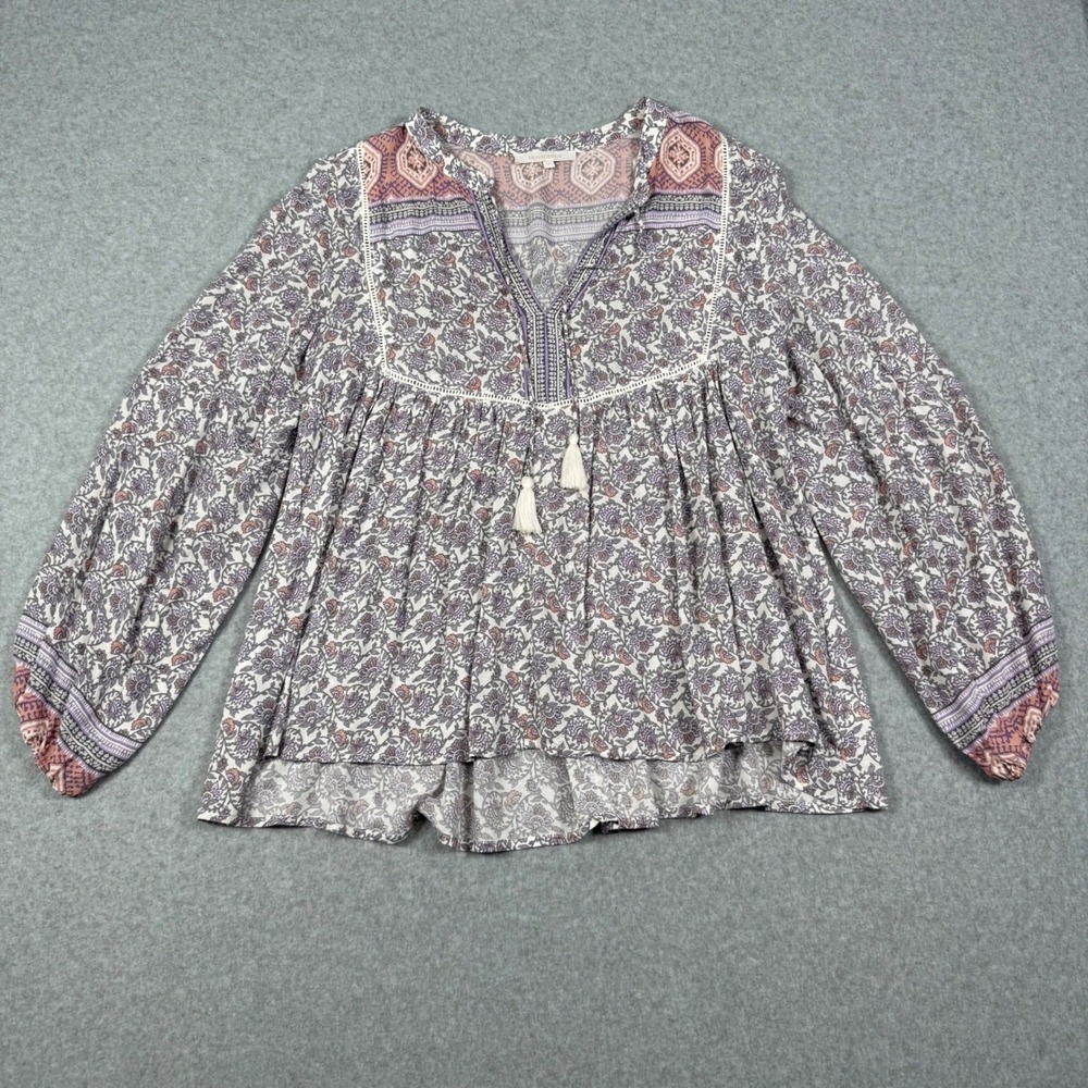 Olivaceous Womens Purple Floral Boho Tassel Babydoll Peasant Blouse Medium